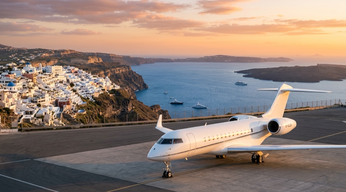 Private jet on the apron at Santorini Airport at sunset with the caldera, whitewashed cliffs, and blue Aegean in the distance