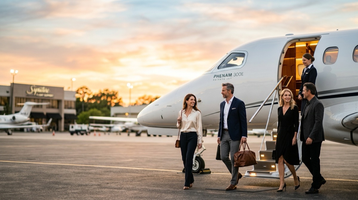Group of travelers boarding a shared private jet on the tarmac at golden hour